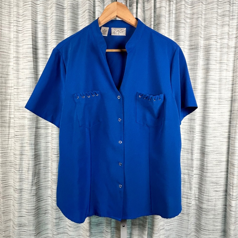 Cathy Che Snap Button Up Blouse Blue Womens XL Short Sleeve Stretch Top EUC